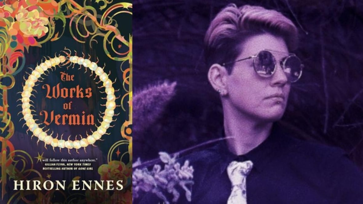 A colourful book cover with a big centipede. An author headshot tinted purple of a person with frosted tips wearing sunglasses.