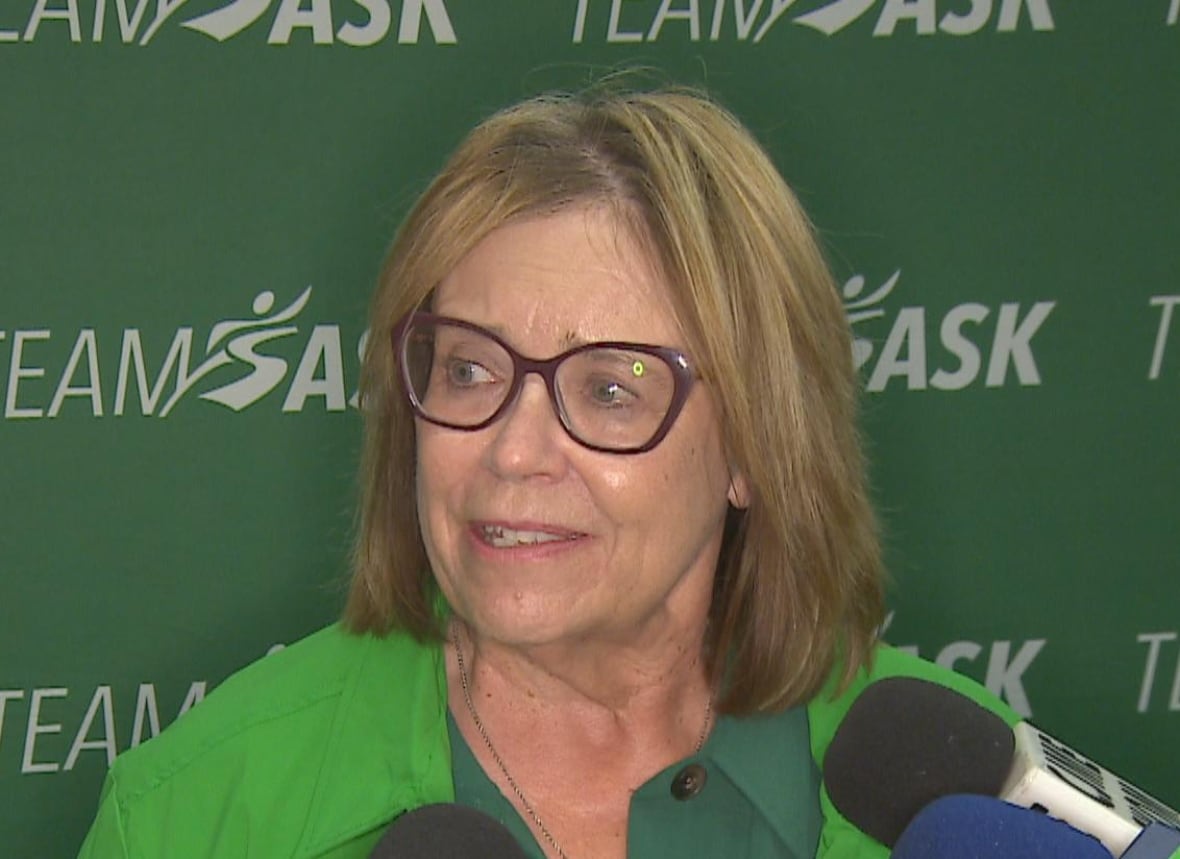 Minister of Parks, Culture and Sport Alana Ross dons the new Team Sask jacket.