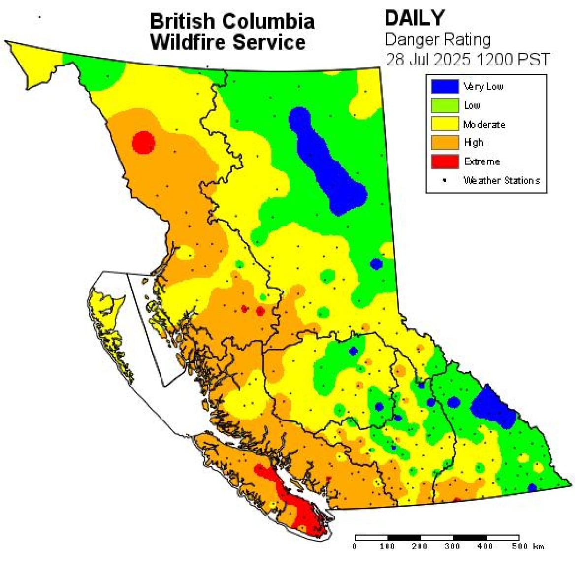 El mapa del suroeste de BC y la isla de Vancouver, especialmente la isla de BC, muestra que el fuego más alto está en riesgo.