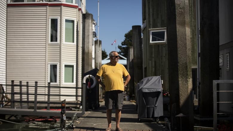 float homes on the Fraser River in Delta, B.C, on Monday, July 28, 2025.