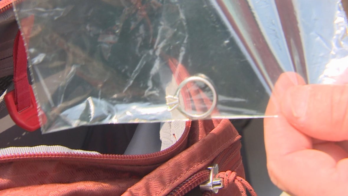 Un anillo de diamantes está en una pequeña bolsa de tirolesa.