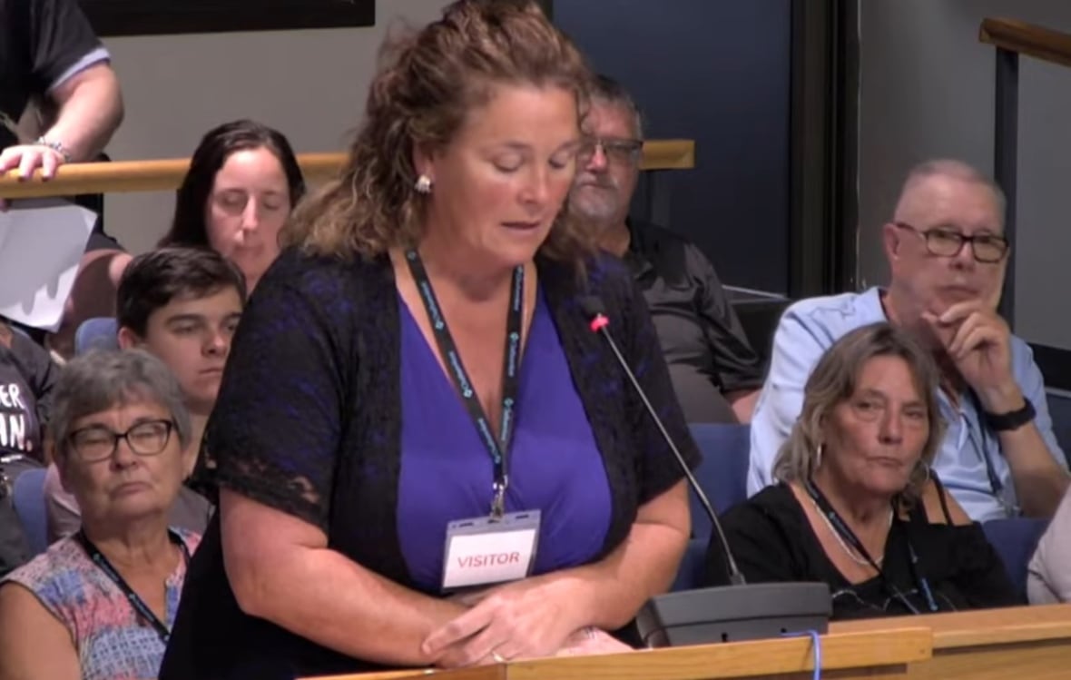 Bailey at the podium speaking before council with spectators seated behind her.