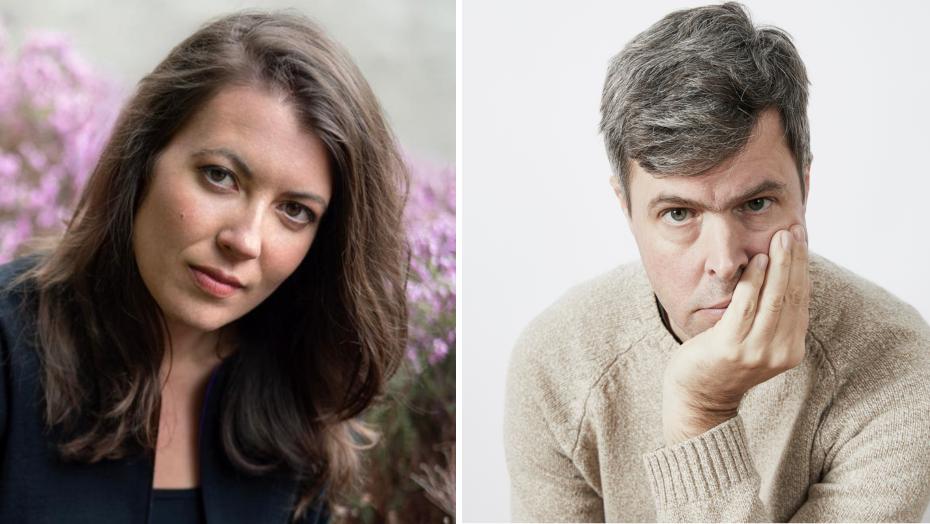 composite of two author headshots of a white man and woman. 