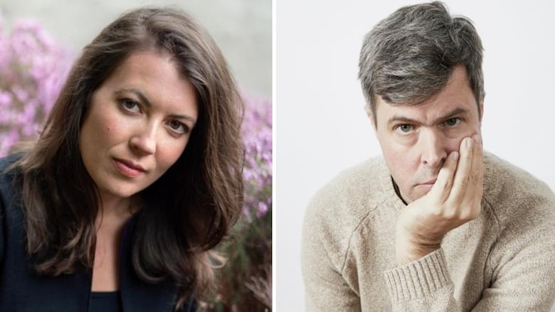 A composite of two author headshots. A woman with long brown hair behind pink flowers. A man with grey hair resting his head on his hand.