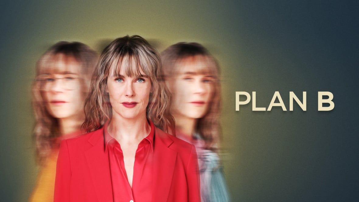 A woman with shoulder-length blonde hair in a red jacket and blouse. There are two blurred images of her over her shoulders. In the right of the image are the words "Plan B" in beige text.