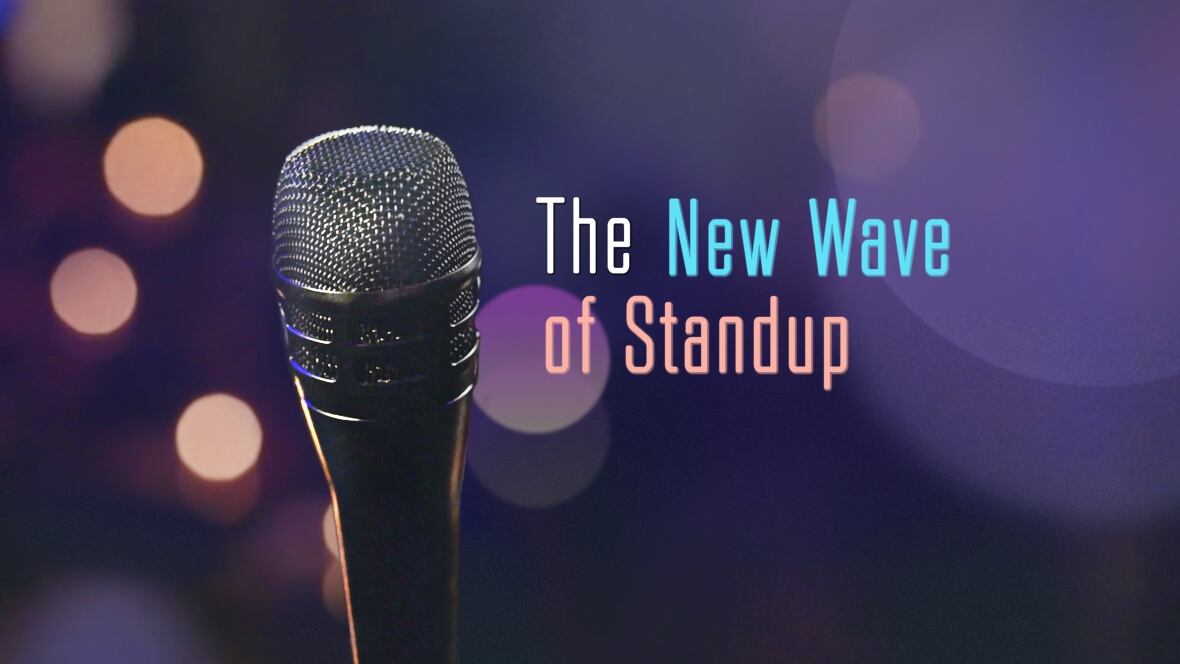 A microphone is near the centre of this image with light bubbles behind it. The words The New Wave of Standup are to the right of the microphone.