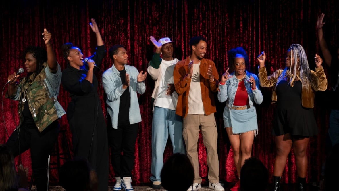 Seven Black comedians on stage as part of the Free Up! Emancipation Day - Jokes, Jokes, Jokes show.