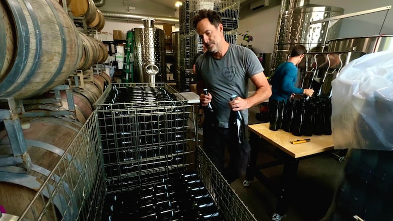 One worker is seen placing bottles inside a metal crate, while another fills bottles in the background.