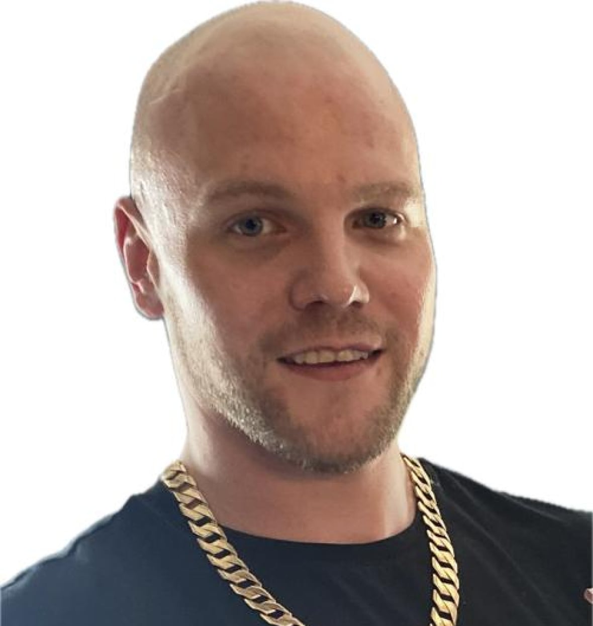 A bald man with a gold chain.
