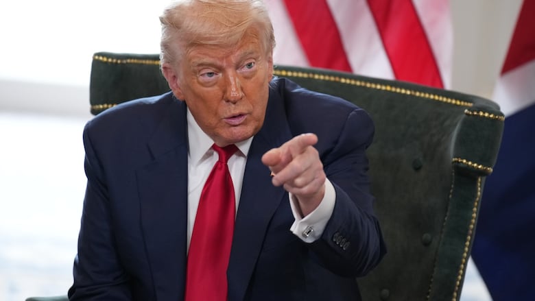 U.S. President Donald Trump reacts as he meets British Prime Minister Keir Starmer for bilateral talks at Trump Turnberry golf club on July 28, 2025 in Turnberry, Scotland. The pair met as Trump was in Scotland to visit his golf courses.