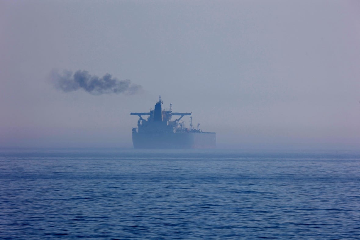It shows the view of the ship attached from Abanama "It happened" Sacenitz Beach, Germany, April 16, 2025. The ship is suspected that is part of the Russian shadow fleet it used to avoid sanctions and continue to export oil.  