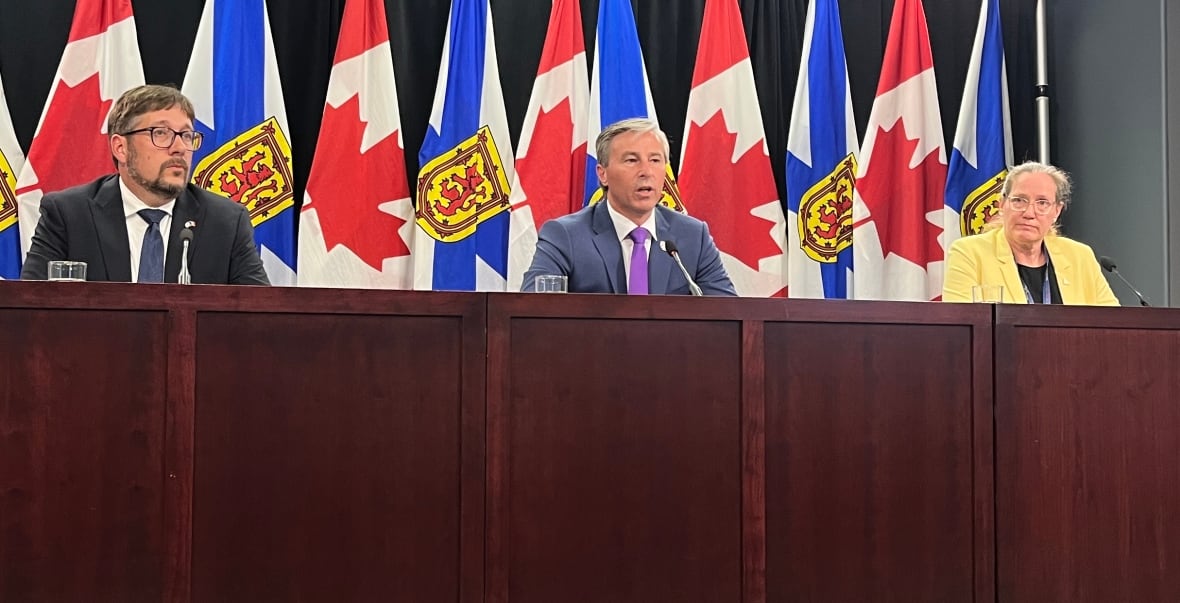 Three people sit at a podium with flags behind them.