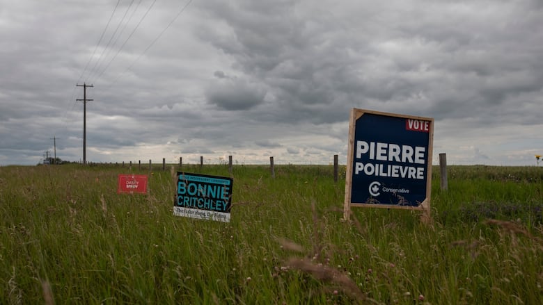 Signs are pictured in a field.