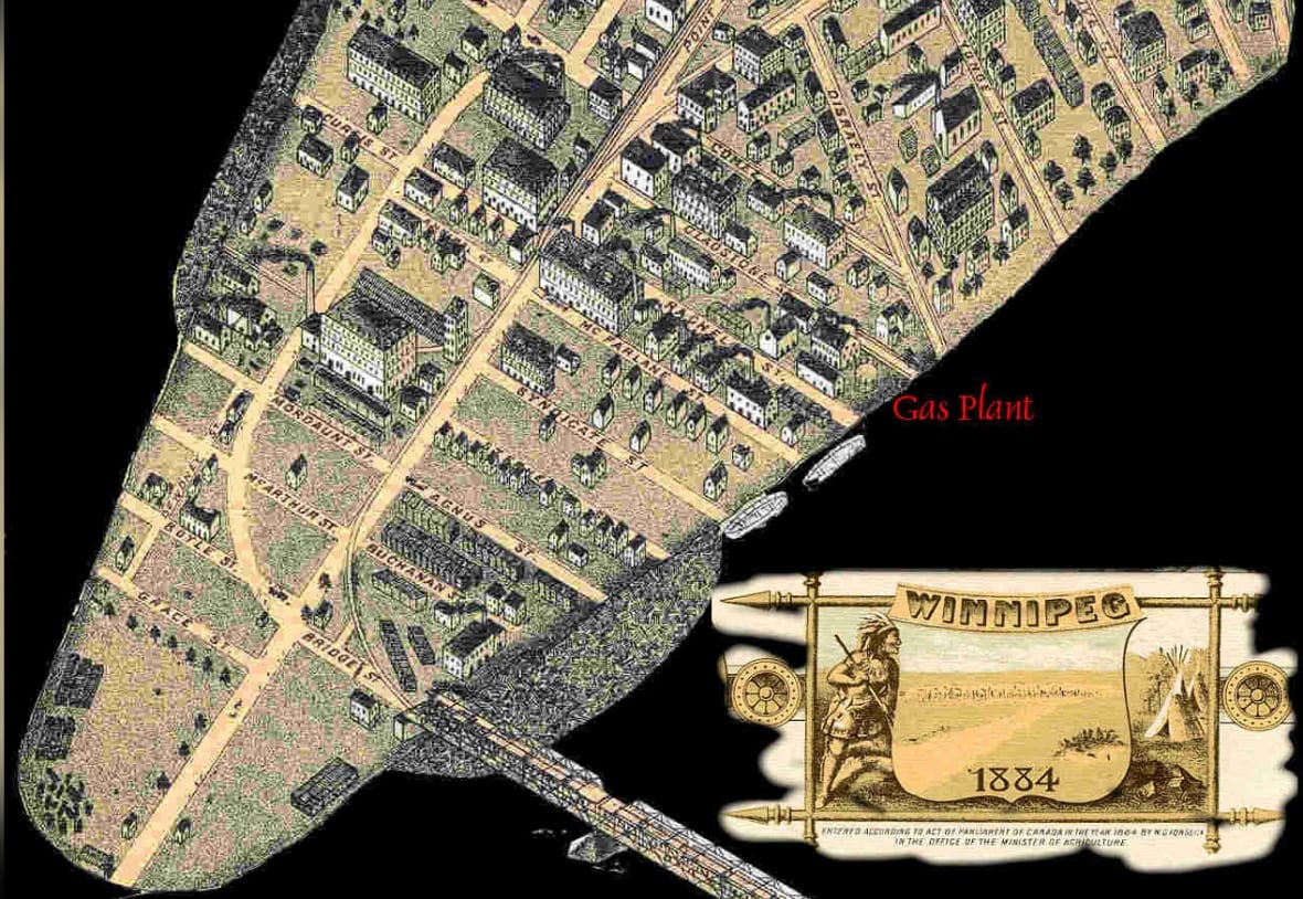 A coloured bird's eye view map from 1884 of Winnipeg