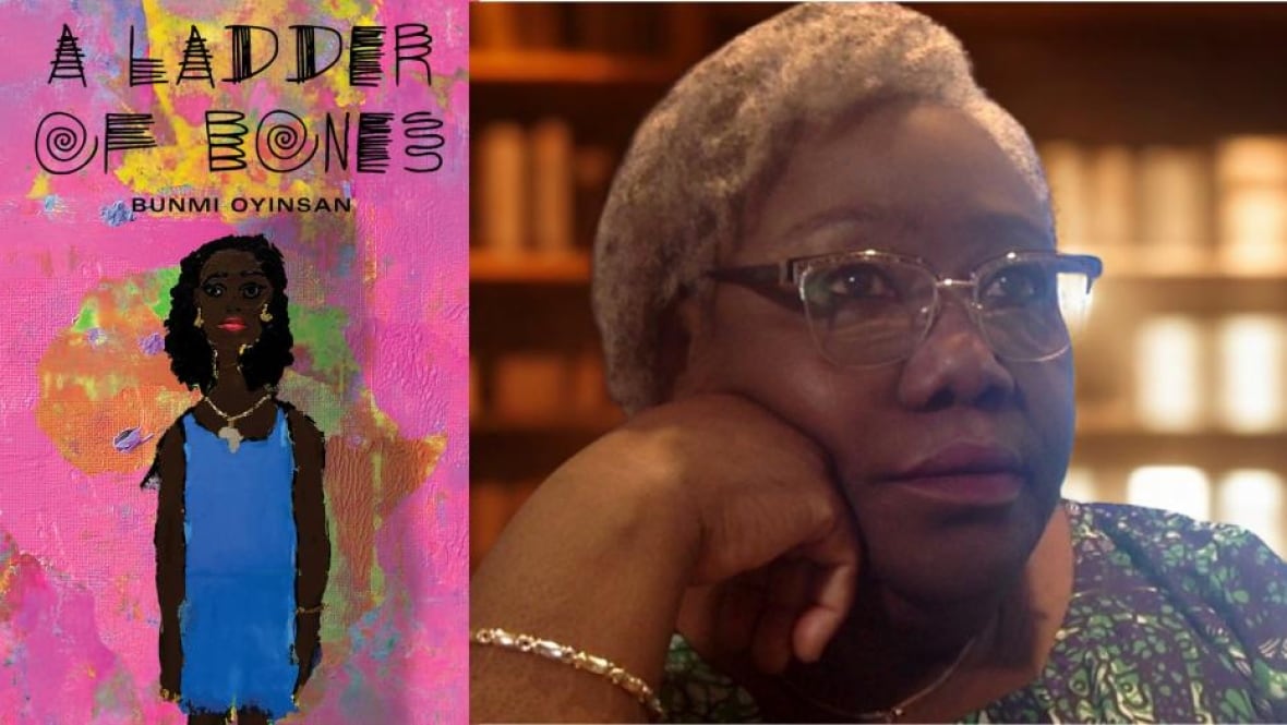 A book cover of a painted woman on a pink background. An author headshot of a woman with short grey hair and glasses.