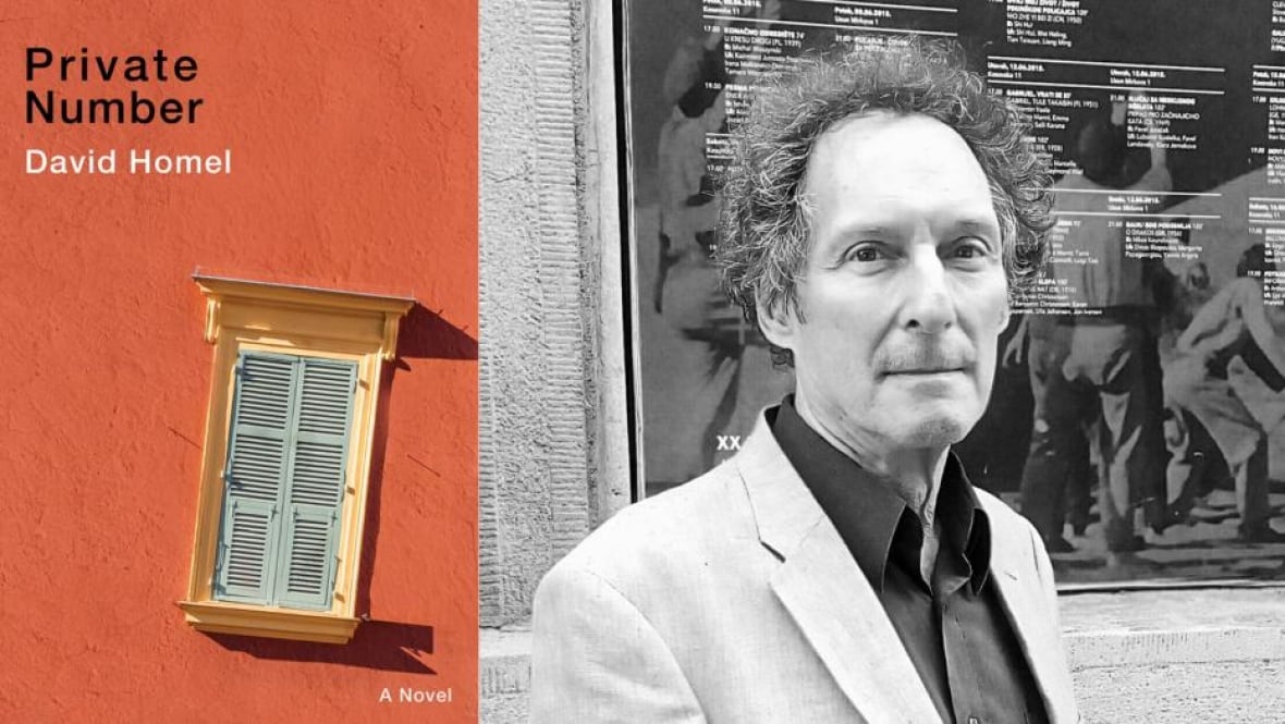 A book cover of a crooked shuttered window on an orange house. A black and white headshot of a man with curly grey hair.
