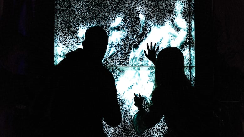 An electronic artwork people are interacting with