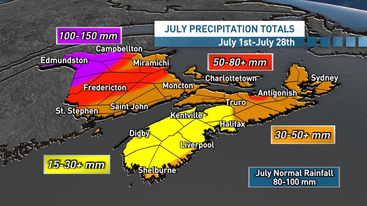 A map of the Maritimes with local rainfall amounts.
