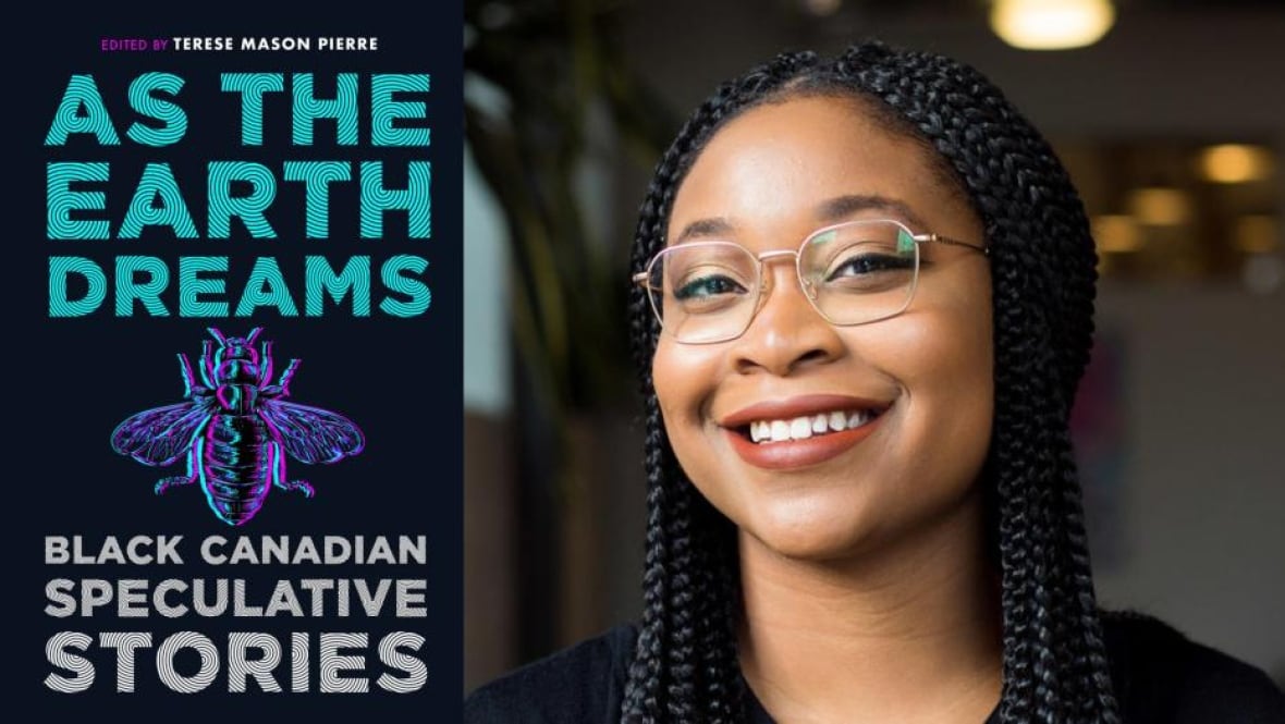 A book cover of blue writing and a bug. A headshot of a woman with braids and glasses smiling.
