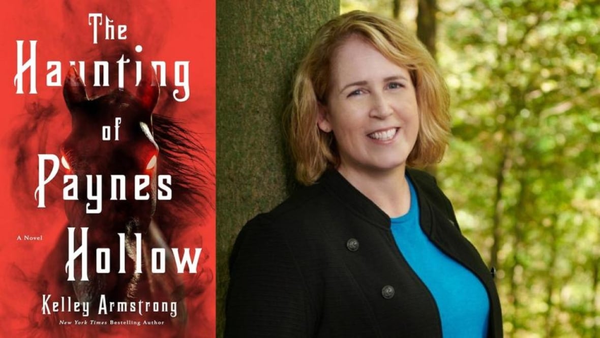 A red book cover of a horse running head on with glowing red eye. A woman with blonde hair leaning against a tree.