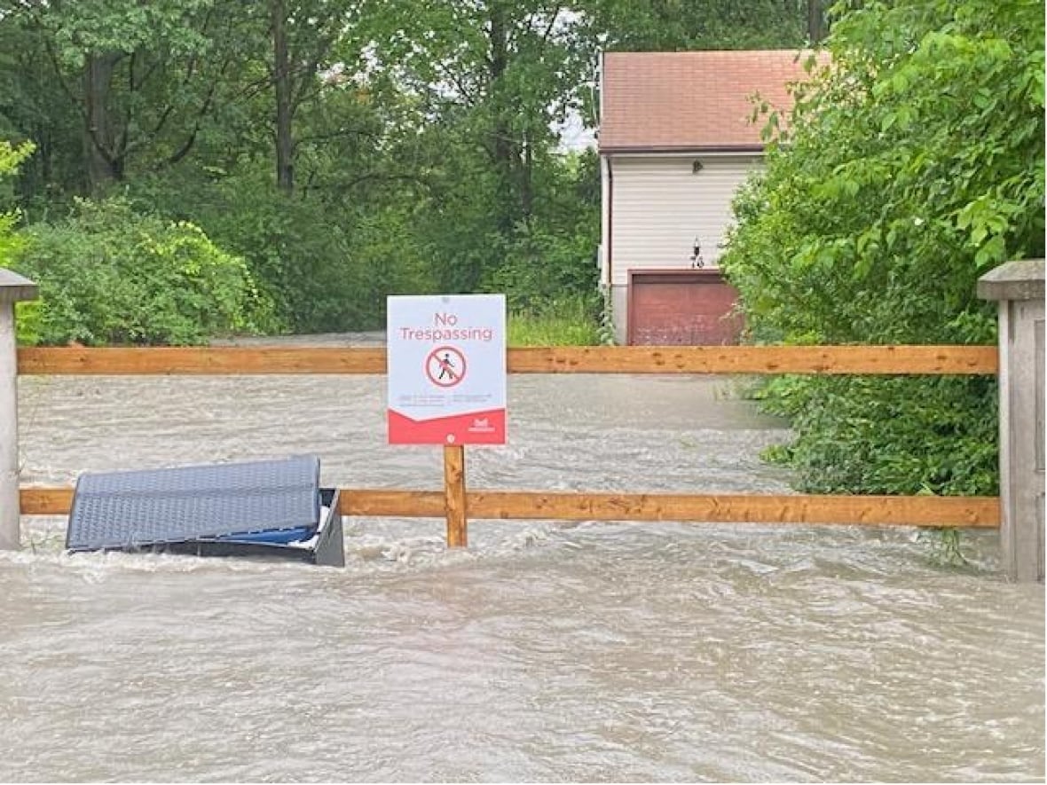 Floodwater creeps up the side of a gate in a Mississauga park.