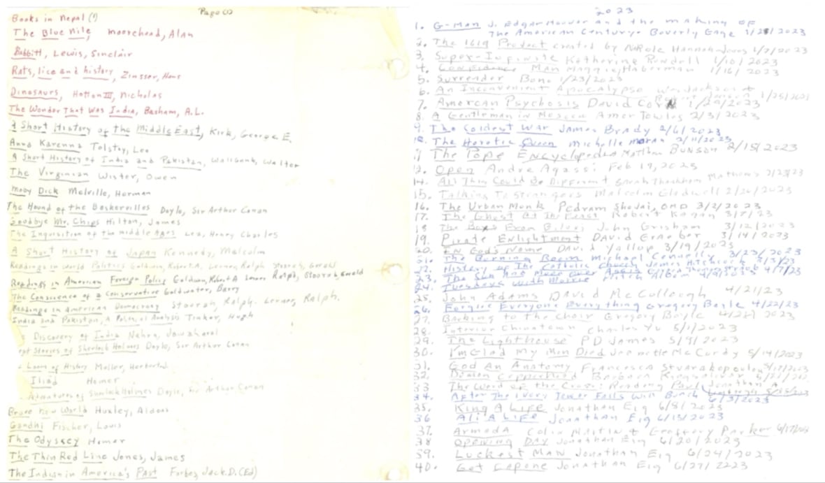 Two side by side hand written pages with a long list of book titles. The first page is yellowed with age.