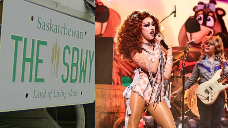 close up photo of a Saskatchewan licence plate: the sbwy and a photo of Chappell Roan on SNL