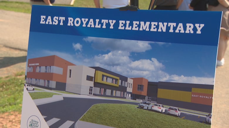 A placard showing the design for the new East Royalty Elementary School.