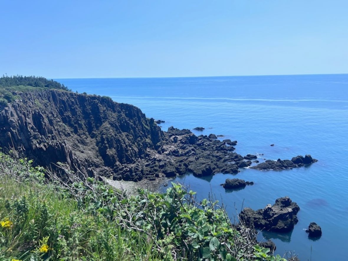 A cliffside view with blue waters below