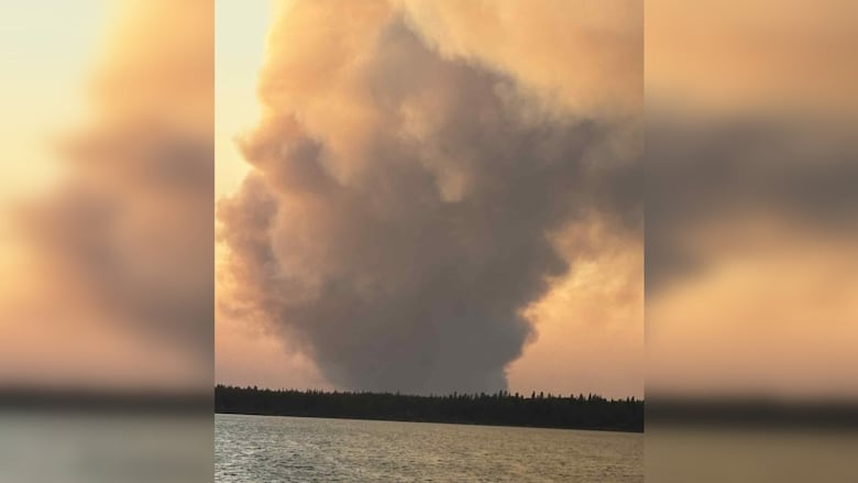 A large plume of smoke rises from a forest in the distance across a lake.