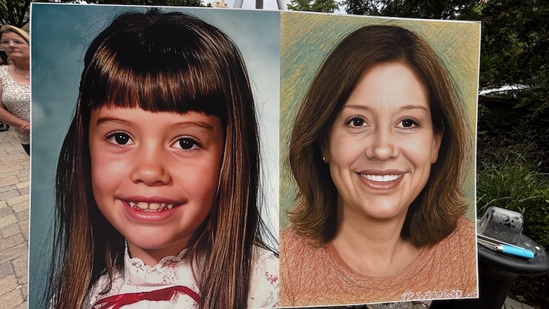 Two photos side by side showing an eight year old girl with brown hair and bangs on the left and, on the right, a version of what she might look like 40 years later with medium length brown hair.