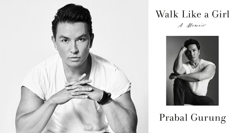 Composite image featuring a headshot of fashion designer Prabal Gurung on the left and the cover of his memoir, Walk Like a Girl, on the right.