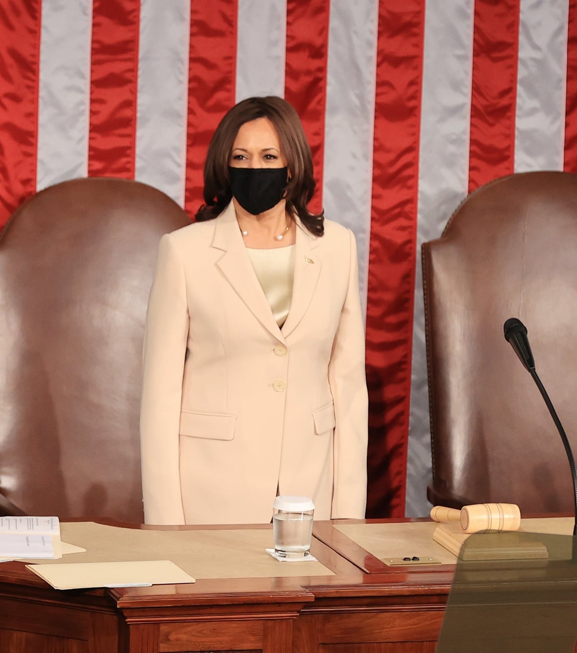 Vice President Kamala Harris takes at a joint session of congress in the House chamber of the U.S. Capitol April 28, 2021 in Washington, DC.