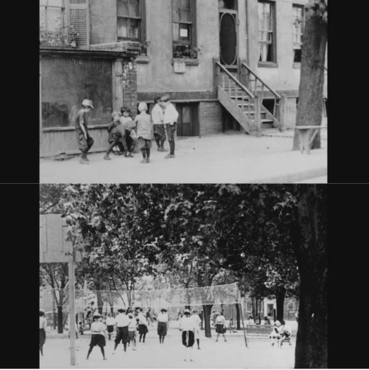 One image shows young children crowded together on a street, unsupervised, the other shows a busy playground of children playing volleyball and using swings. 
