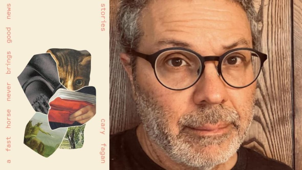 A an abstract book cover of a collage of a cat and a tree and a man on the horse. An author headshot of a man with grey hair and glasses.