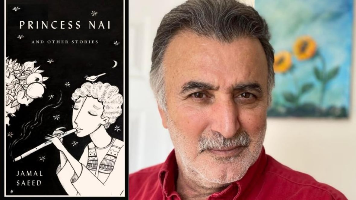 A black and white book cover of a man playing the flute. A man with grey hair and a moustache wearing a red button up.