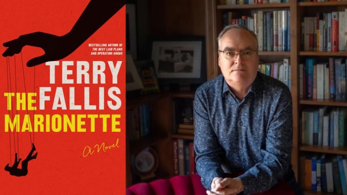 A red book cover of a puppeteer's hand controlling a shadow figure. An author headshot of a man with glasses and grey hair wearing a blue button up.