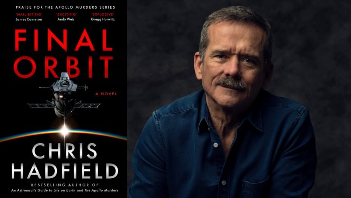 A book cover of a space shuttle in space with red writing. A headshot of a man with grey hair and a moustache.