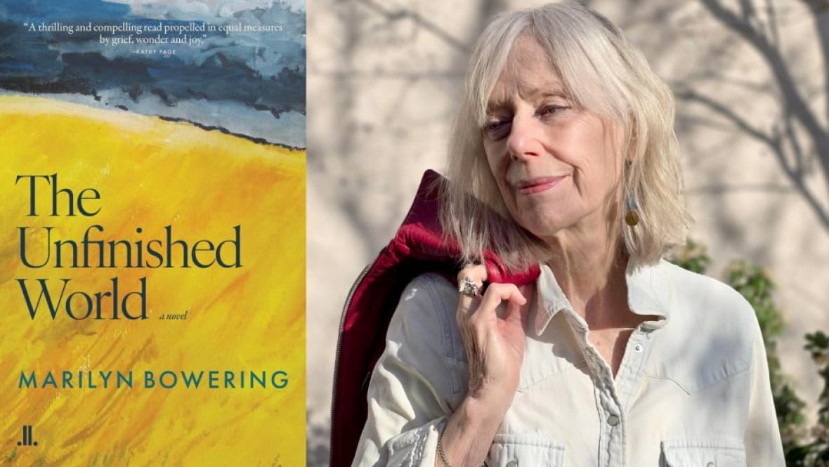 A book cover of a water colour of a yellow field and a blue body of water. A headshot of a woman with grey hair looking left and holding a red jacket over her shoulder.