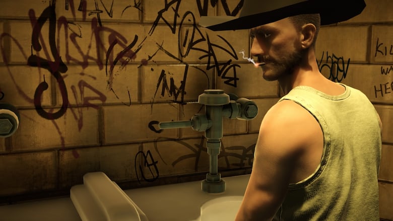 video game screenshot of a man wearing a cowboy hat looking at the camera, while standing in front of a urinal in a dingy public bathroom.