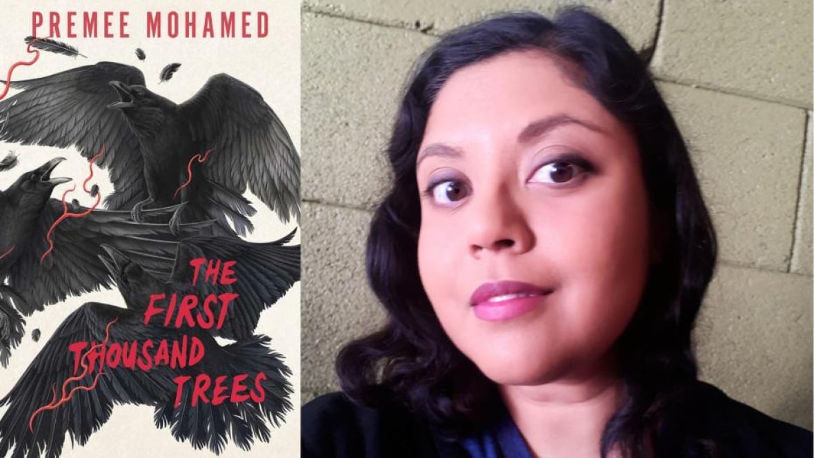 A book with three black birds on it. A headshot of a woman with long curly black hair.