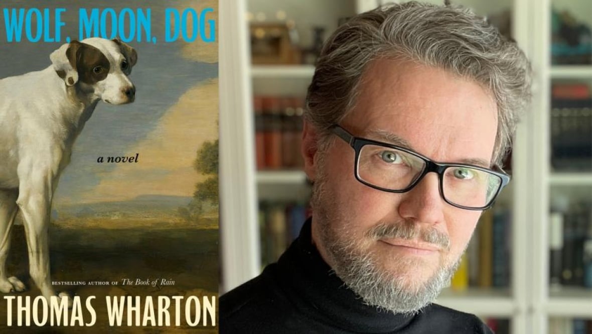 A book cover of a dog. An author headshot of a man with grey hair and glasses. 