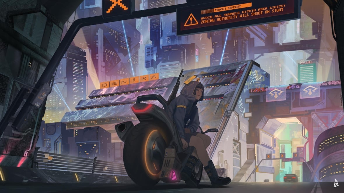 Un ejemplo de una mujer sentada en una motocicleta entre el escudo de la ciudad de ciencia ferpunk de Cyberpunk.