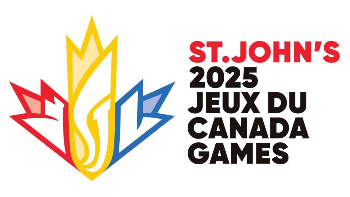 Canada Games logo of a stylized maple leaf in red, yellow and blue. Next to it are the words St. John's in red; and under it 2025 Jeux du Canada Games in black.