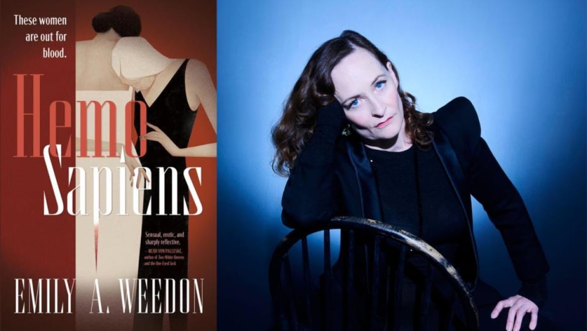 A book cover of two cartoon women embracing. A headshot of a woman with brown hair sitting on a backwards chair in front of a blue background.