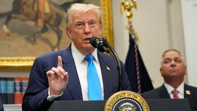 Donald Trump gestures as he stands behind a podium with the presidential seal.  