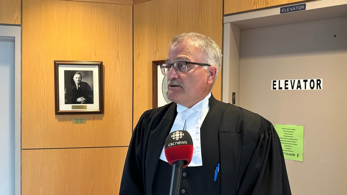 A crown lawyer looks at the camera in robes.