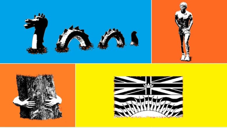 Images of the four entries left in this section of the bracket: Terry Fox statues, the B.C. flag, Ogopogo, and tree huggers