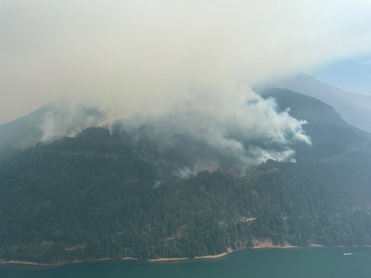 Smoke arises from a hill near a picturesque lake.