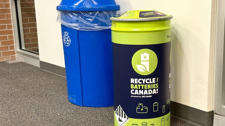A new battery recycling container at the Central branch of the London Public Library on July 30, 2025.